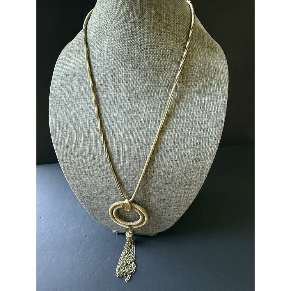 Chicos Necklace Pendant Y Drop Medallion Layered Tassel Chunky Gold Tone Career